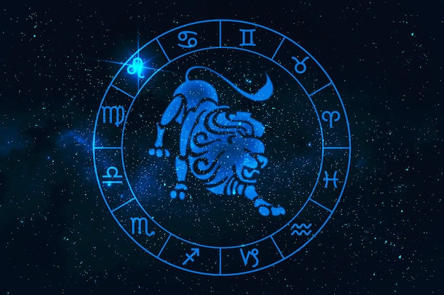 Foto signo del horóscopo leo en doce zodiaco con gráfico de fondo de estrellas de la galaxia del pensamiento del hombre del polígono