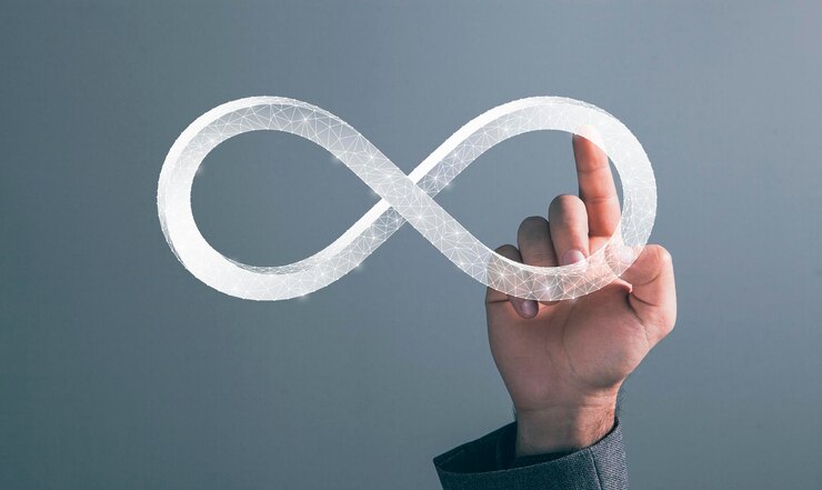 Foto signo de infinito de la web hombre tocando en la pantalla