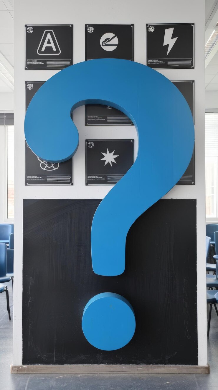 Foto signo de interrogación azul sobre un fondo de signos negros