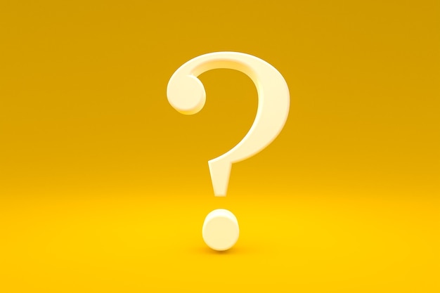 Signo de interrogación blanco mínimo sobre fondo amarillo, render 3d, mínimo y espacio de copia