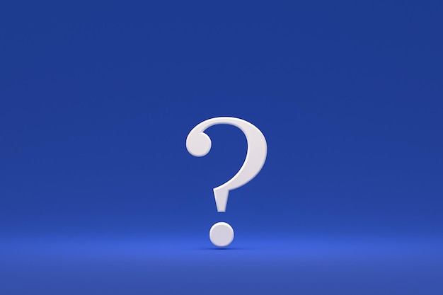 Signo de interrogación blanco mínimo sobre fondo azul, render 3d, espacio mínimo y copia