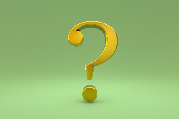 Signo de interrogación dorado mínimo sobre fondo verde, representación 3d, espacio mínimo y de copia