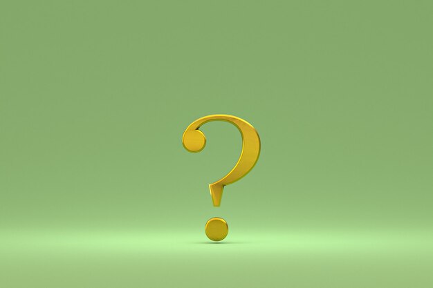 Signo de interrogación dorado mínimo sobre fondo verde, representación 3d, espacio mínimo y de copia