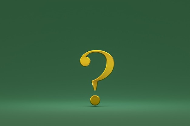 Signo de interrogación dorado mínimo sobre fondo verde, representación 3d, espacio mínimo y de copia