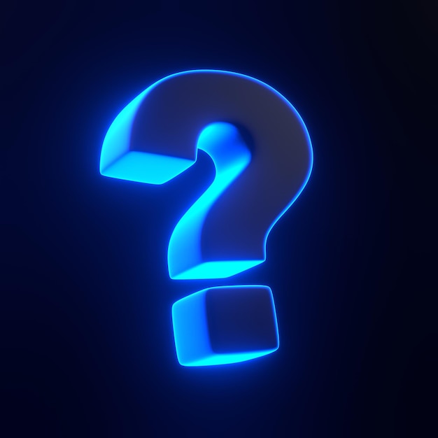 Signo de interrogación con luces de neón azul futurista brillantes en fondo negro renderizado en 3D