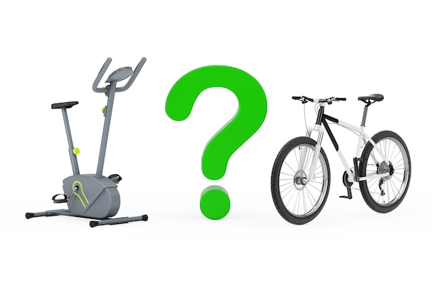 Signo de interrogación entre la máquina de gimnasio de bicicleta estática y la bicicleta de montaña en blanco y negro sobre un fondo blanco. Representación 3D