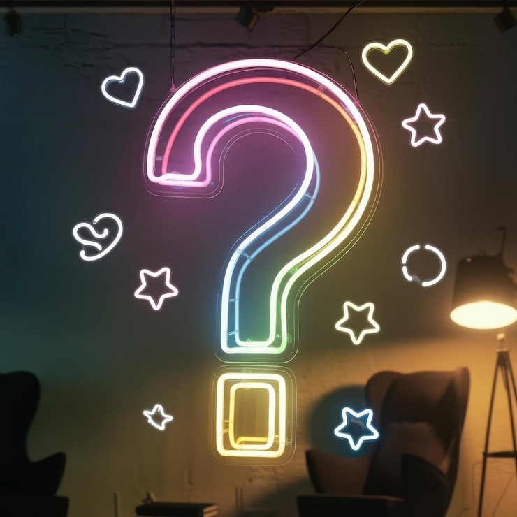 Foto un signo de interrogación de neón brillante suspendido en medio con colores de neón vibrantes