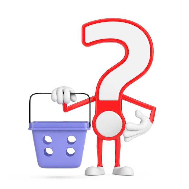 Signo de interrogación Personaje de dibujos animados Mascota de persona con Cesta de compras de dibujos animados Representación 3d