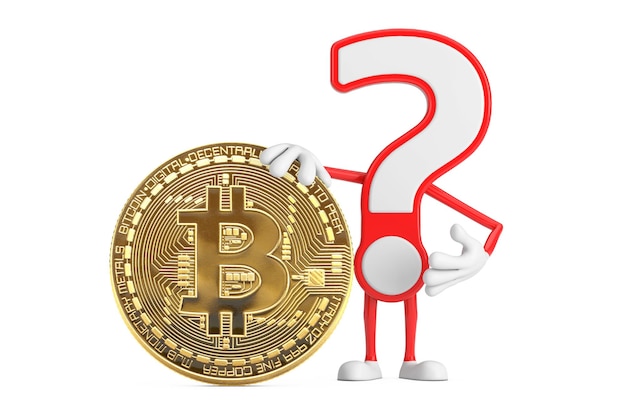 Signo de interrogación Personaje de dibujos animados Mascota de persona con Digital y Cryptocurrency Golden Bitcoin Coin 3d Rendering