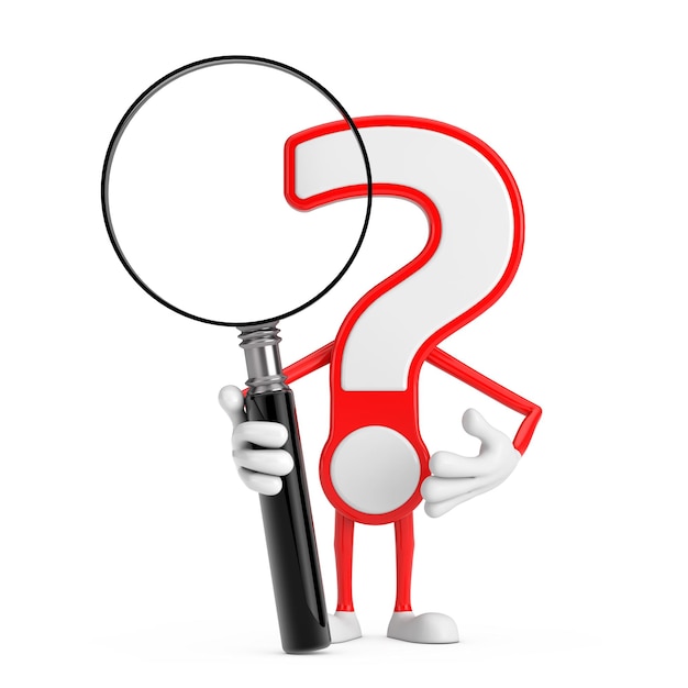 Signo de interrogación Personaje de dibujos animados Mascota de persona con lupa Representación 3d