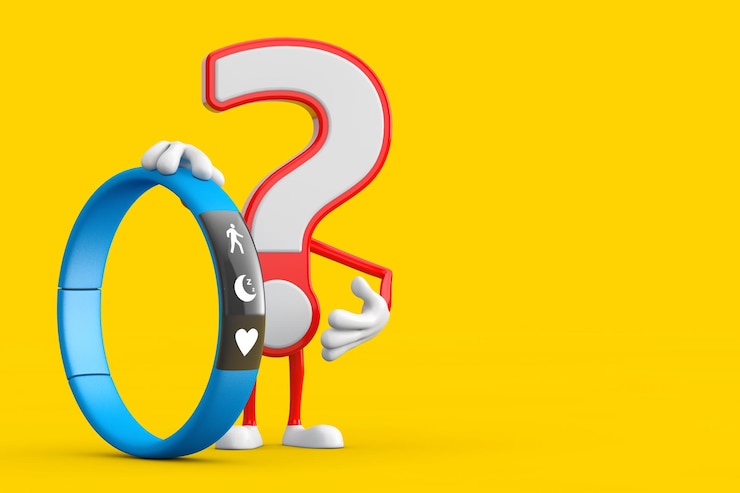 Foto signo de interrogación personaje de dibujos animados mascota de persona con rastreador de ejercicios azul representación 3d