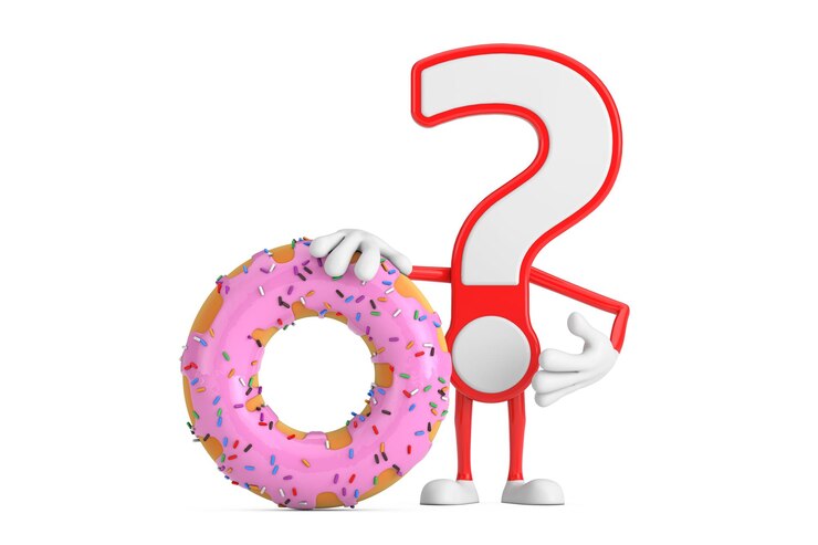 Foto signo de interrogación personaje de dibujos animados persona mascota con big strawberry pink glazed donut representación 3d