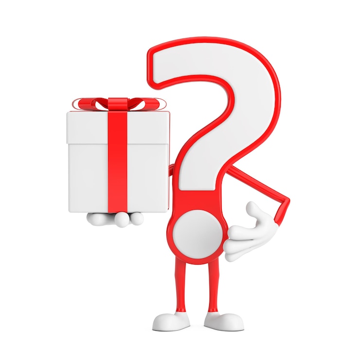 Foto signo de interrogación personaje de dibujos animados persona mascota y caja de regalo con cinta roja representación 3d