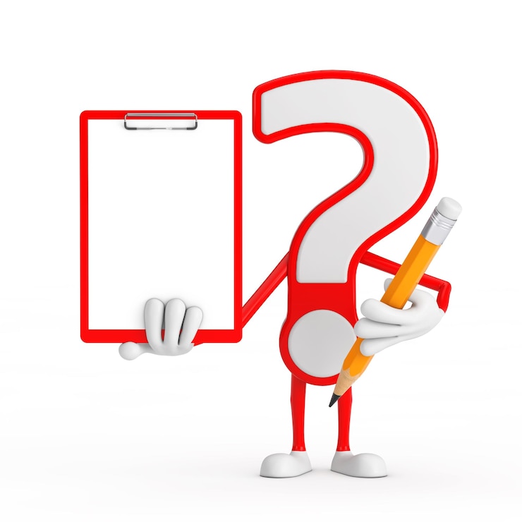 Foto signo de interrogación personaje de dibujos animados persona mascota con portapapeles de plástico rojo papel y lápiz representación 3d