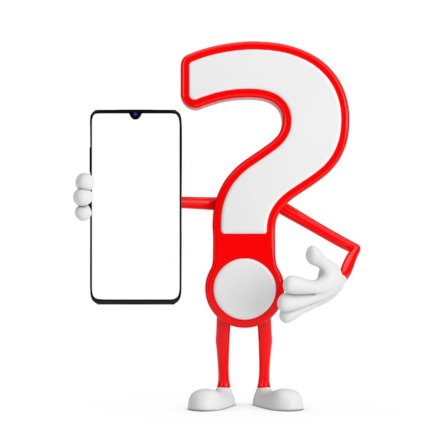 Signo de interrogación Personaje de dibujos animados Persona Mascota y teléfono móvil moderno con pantalla en blanco para su diseño Representación 3d