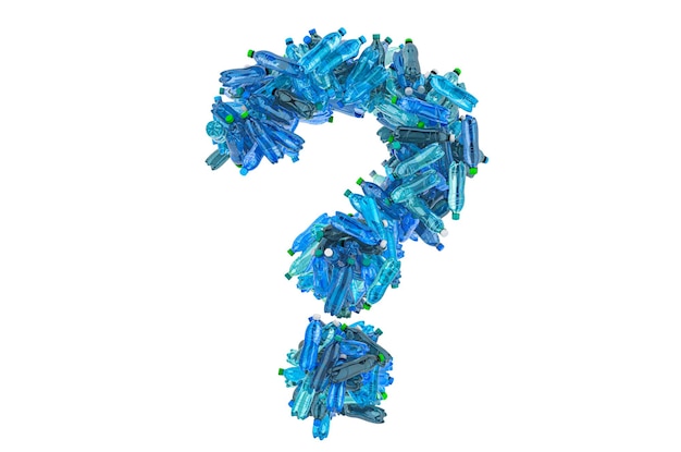 Signo de interrogación de la representación 3D de botellas de agua de plástico