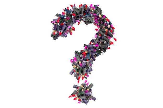 Signo de interrogación de la representación 3D de lápices labiales de colores