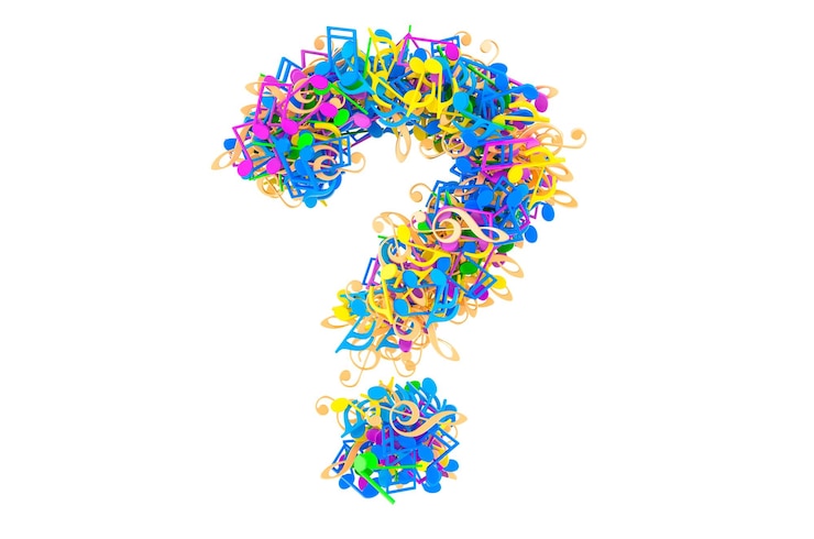 Foto signo de interrogación de la representación 3d de notas musicales de colores