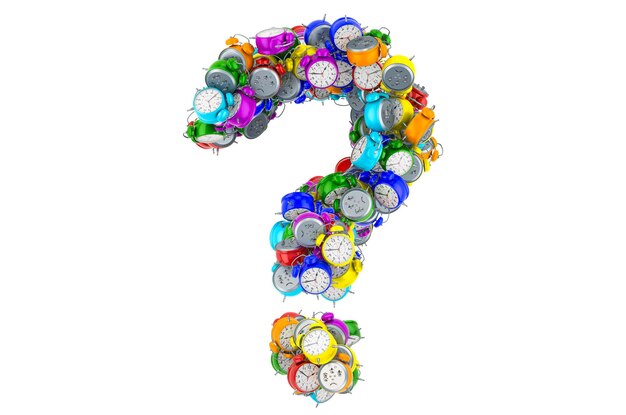 Signo de interrogación de la representación 3D de relojes de alarma de colores