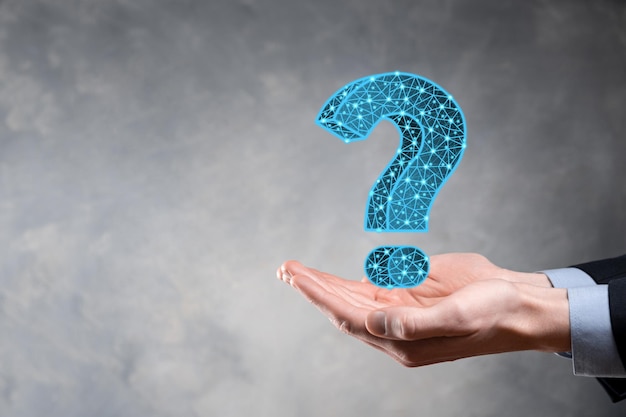 Signo de interrogación. Resumen 3d sobre fondo oscuro con puntos y estrellas. Pregunta símbolo. Soporte de ayuda, símbolo de problema de preguntas frecuentes, concepto de educación de pensamiento, ilustración de búsqueda de confusión o fondo. Hombre de negocios.
