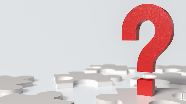 El signo de interrogación rojo y el rompecabezas blanco para el concepto de negocio 3D