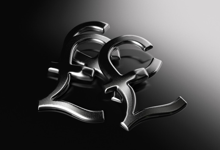 Foto signo de libra metálico o plateado sobre un fondo blanco y negro