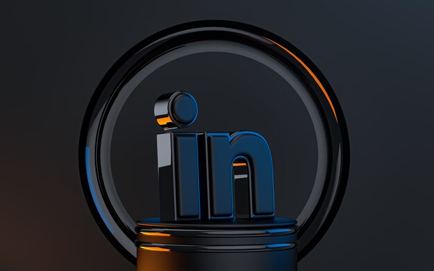 Signo de Linkedin icono de representación 3d de pie en el podio fondo de aspecto abstracto metálico negro oscuro