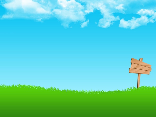 Foto signo de madera en el campo de hierba con cielo azul y nubes vector