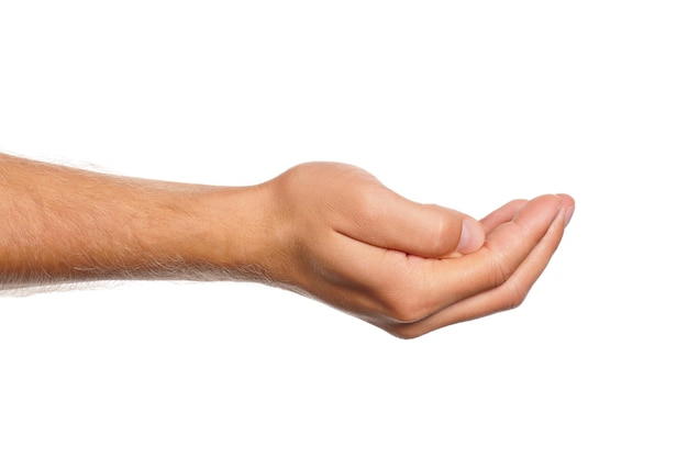 Signo de la mano de un hombre aislado sobre un fondo blanco