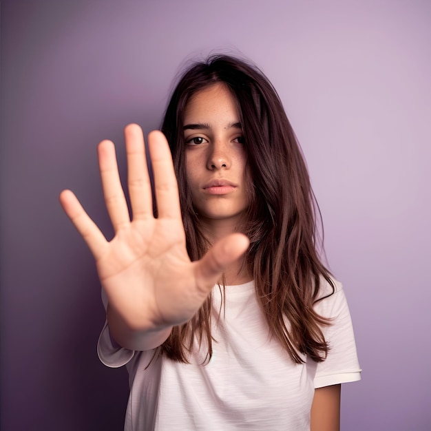 Signo de la mano de la mujer para detener el abuso de la violencia concepto del día mundial de la mujer