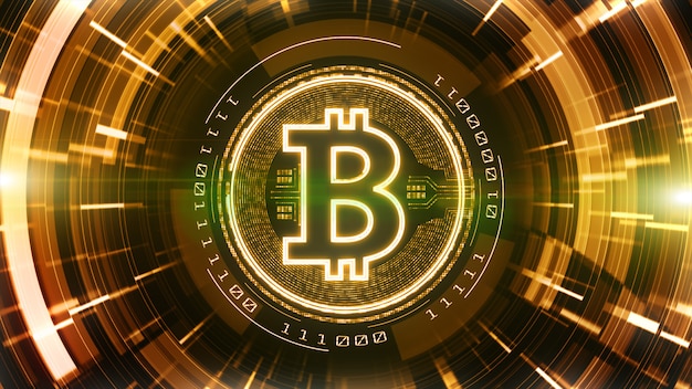 Signo de moneda Bitcoin en el fondo del ciberespacio digital