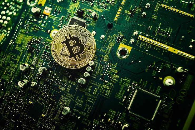 signo de moneda cripto moneda de bit en fondo de computadora curcuit