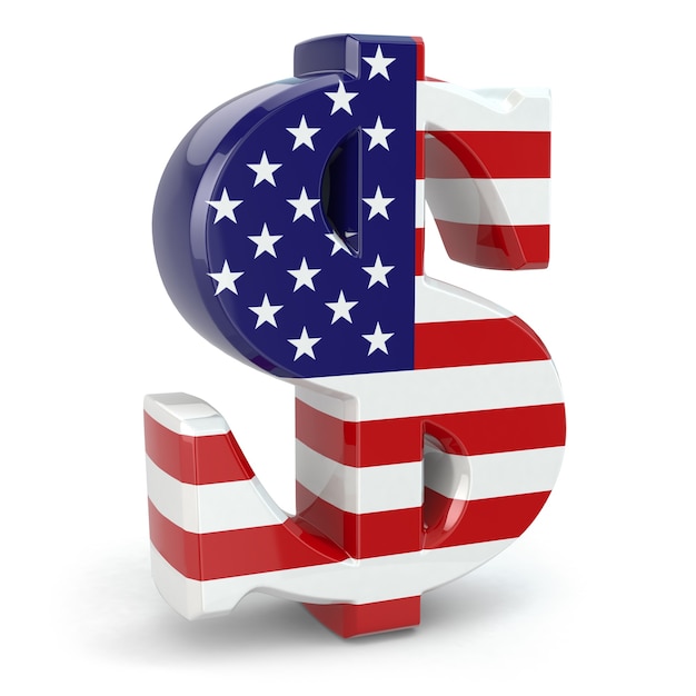 Signo de moneda de dólar y bandera de Estados Unidos. 3d