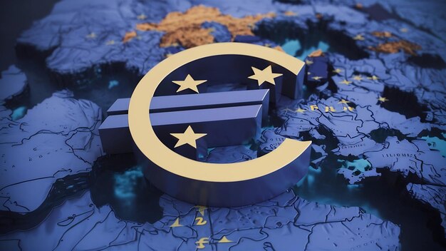 El signo de la moneda euro en el mapa volumétrico de la Unión Europea