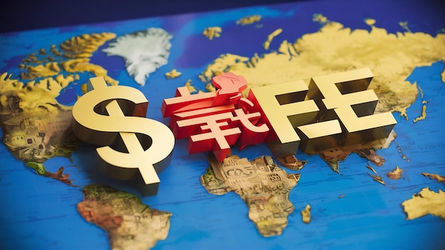 Foto el signo de la moneda principal en el mapa del mundo incluye el dólar, el yen, el euro y la libra para el comercio de divisas y divisas