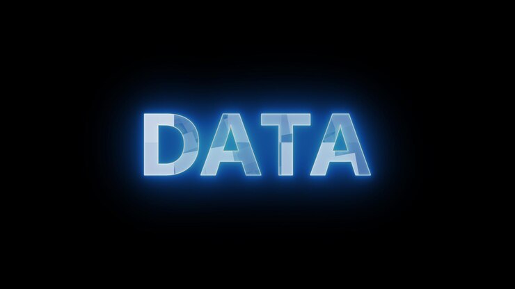 Foto signo de neón azul con la ortografía data en fondo oscuro