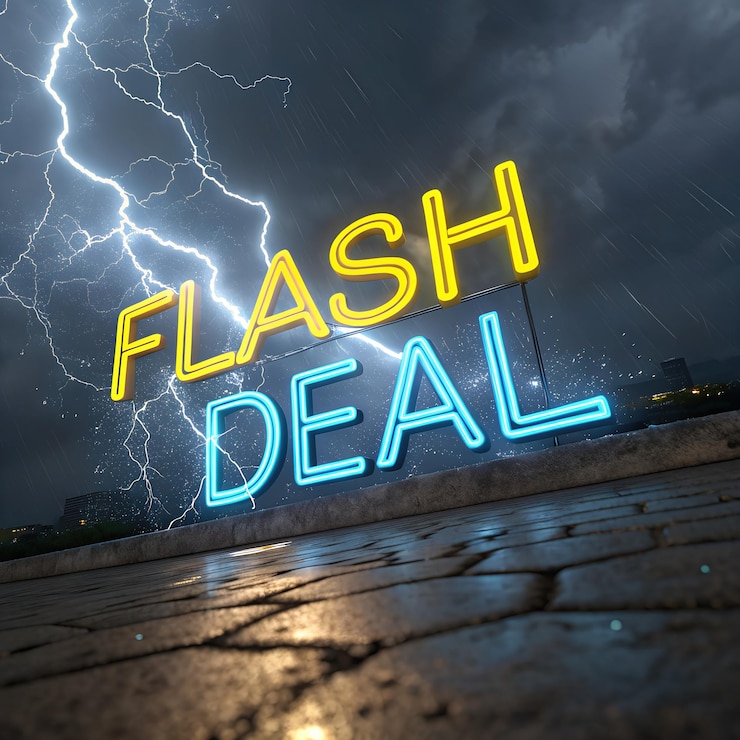 Foto signo de neón brillante flash deal contra el telón de fondo de la noche tormentosa