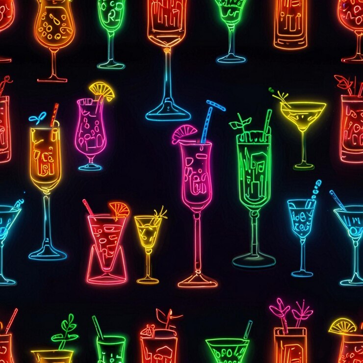 Signo de neón de cóctel tropical Diseño de verano y vacaciones Luminoso de neón nocturno de color luz de cartel