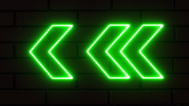 Signo de neón con flecha direccional izquierda brillante Conjunto de flechas de luz de neón verde brillante que apuntan a la izquierda Indicadores de dirección parpadeantes Renderización 3D de flecha de neón brillante sobre un fondo de ladrillos