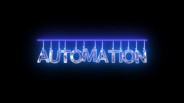 Signo de neón con la palabra AUTOMATION en azul sobre un fondo oscuro