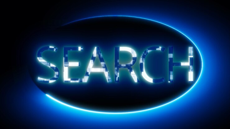 Foto signo de neón con la palabra busca iluminado en azul sobre un fondo oscuro