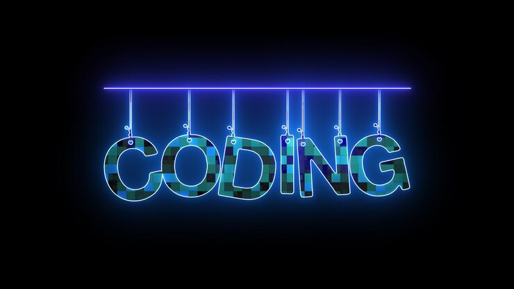 Foto signo de neón con la palabra coding en azul sobre un fondo negro