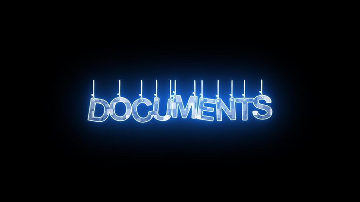 Foto signo de neón con la palabra documents iluminado en azul sobre un fondo oscuro