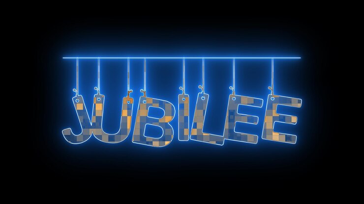 Foto signo de neón con la palabra jubilee en letras azules brillantes sobre un fondo oscuro