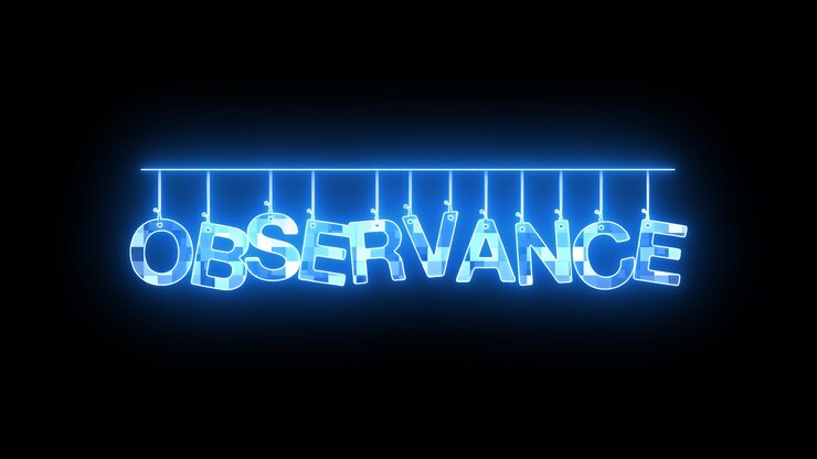 Foto signo de neón con la palabra observance brillando en azul sobre un fondo oscuro