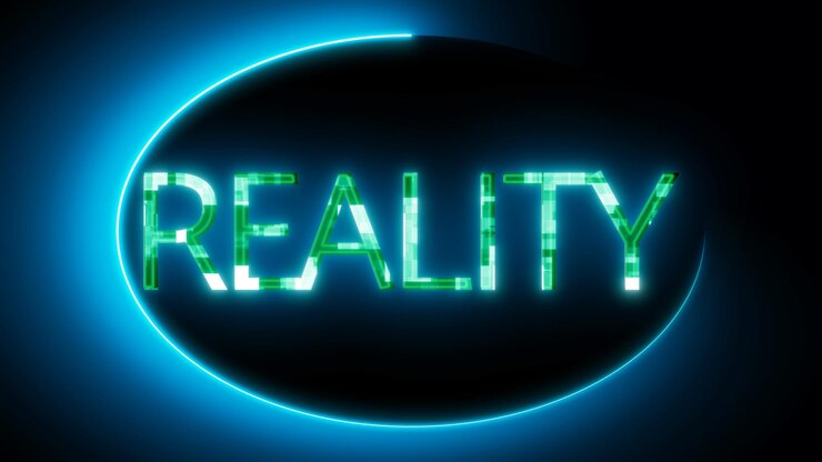 Foto signo de neón con la palabra realidad brillando en azul y verde sobre un fondo oscuro
