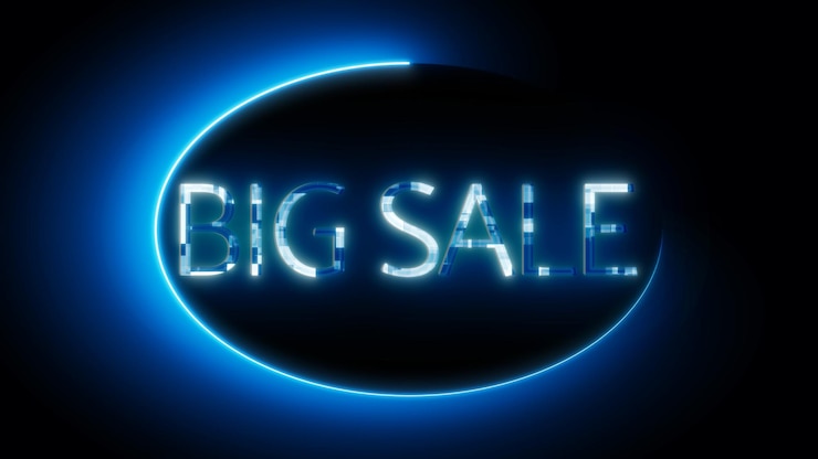 Foto signo de neón con las palabras big sale brillando en luz azul sobre un fondo oscuro