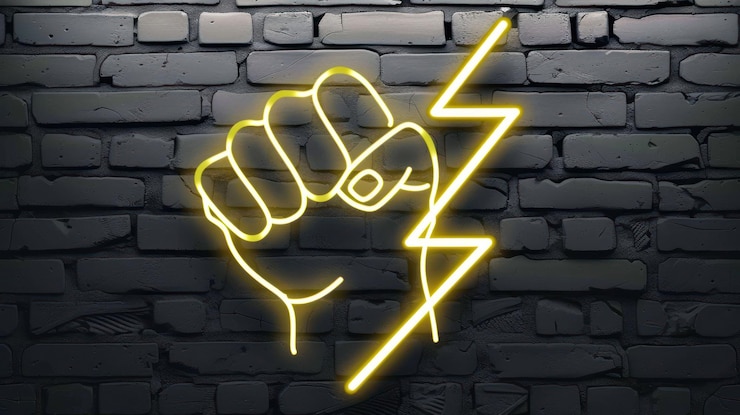 Foto signo de neón de un puño con un rayo