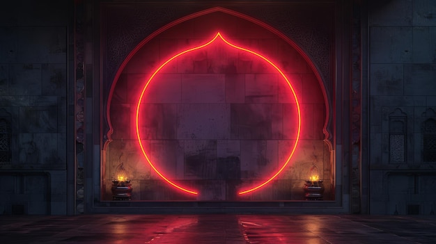 Signo de neón de Ramadán Kareem marco de saludo para decoración y cubierta en el fondo de la pared