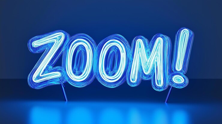 Foto signo de neón de zoom brillando sobre un fondo azul con reflejo